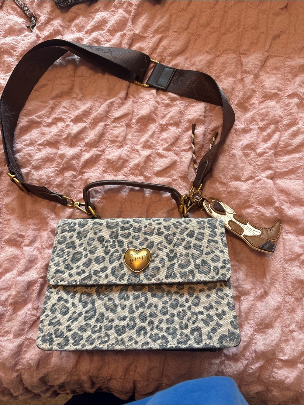 Betsey Johnson Leopard Print Crossbody with Gold Heart Charm